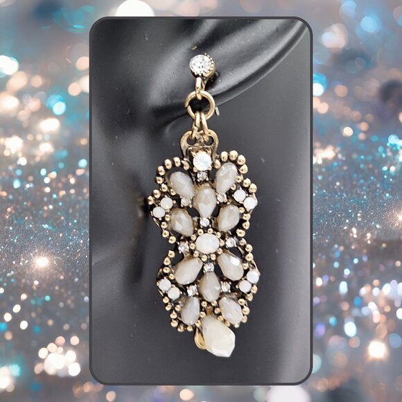 Vintage Inspired Silver-Tone Opaline & Crystal Cluster Dangle Earrings - Picture 2 of 4